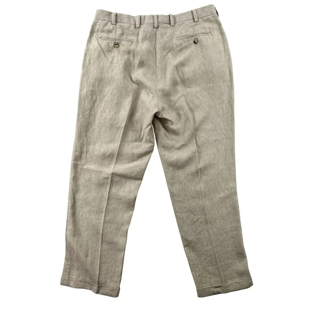 Jos A Bank Travelers Collection Mens 38x30 Beige 100% Linen Pleated Pants Cuffed